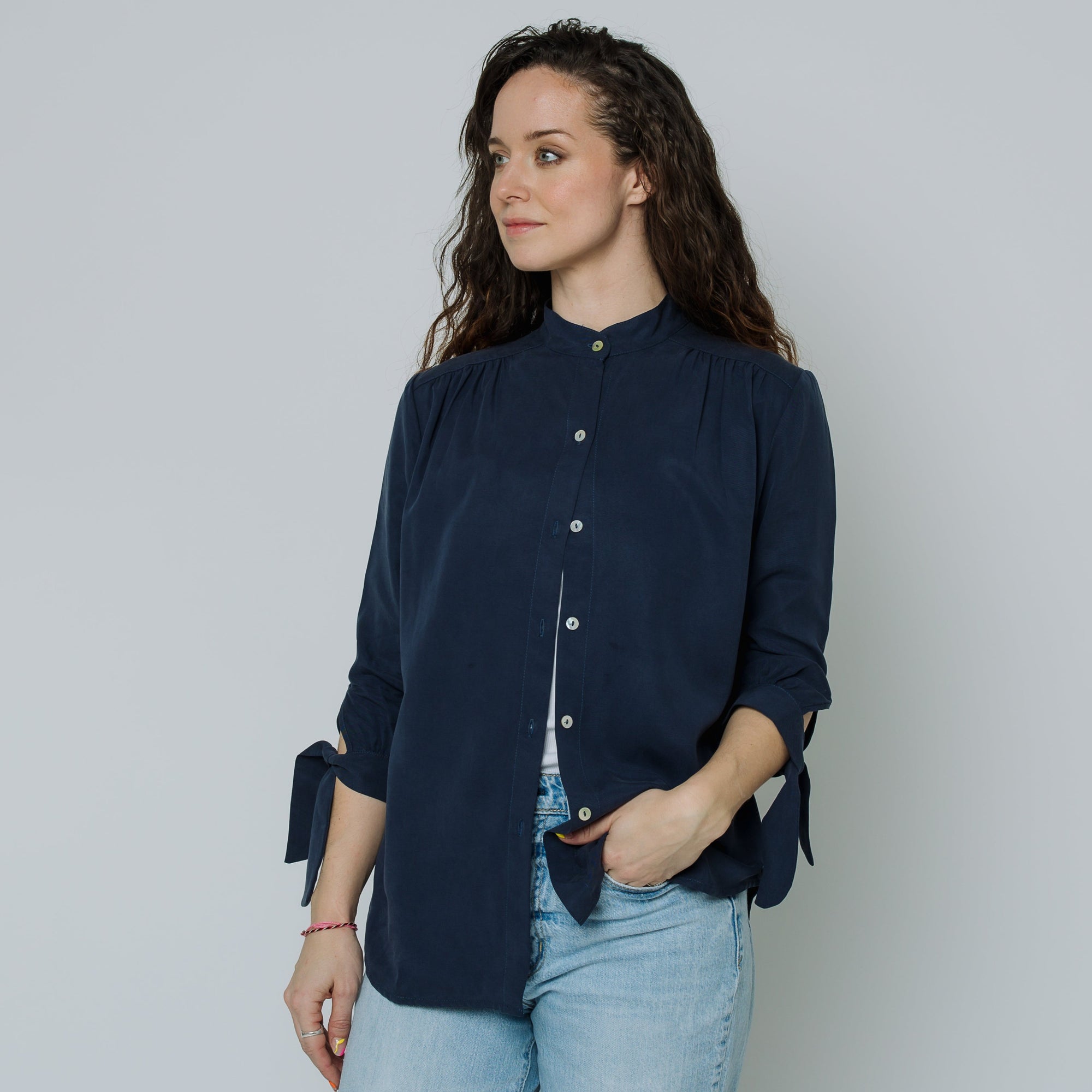 Margitta Tie-Sleeve Blouse (Navy Blue)