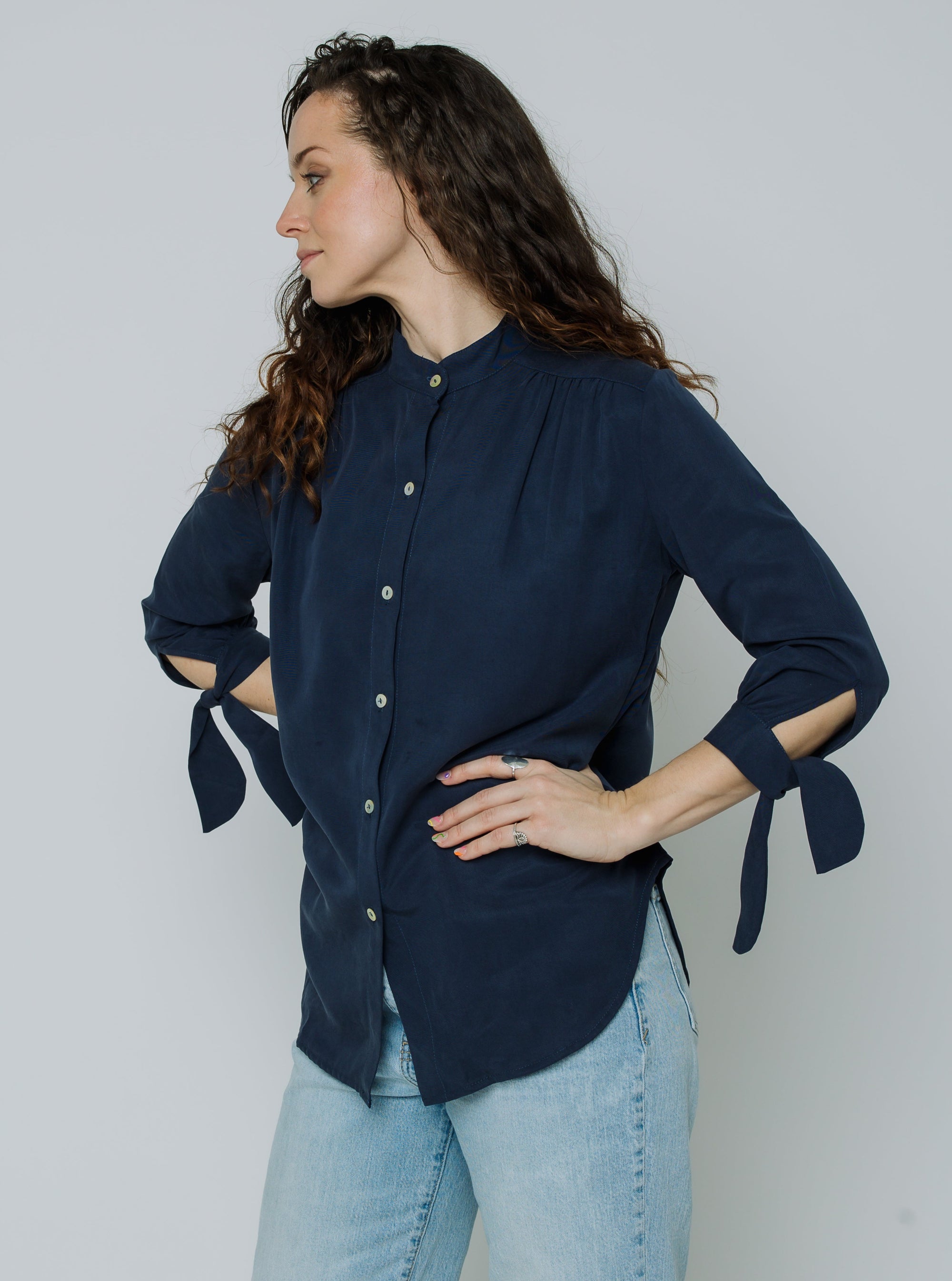 Margitta Tie-Sleeve Blouse (Navy Blue)