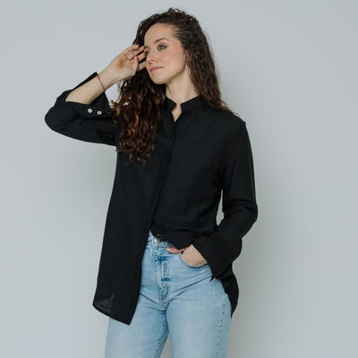 Black button down women's shirt made of hemp, silk and organic cotton, with natural shell buttons